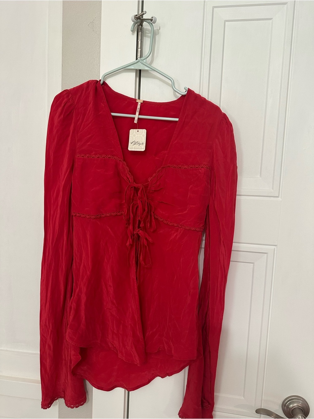 Free People Red Tie-Front Long-Sleeve Blouse